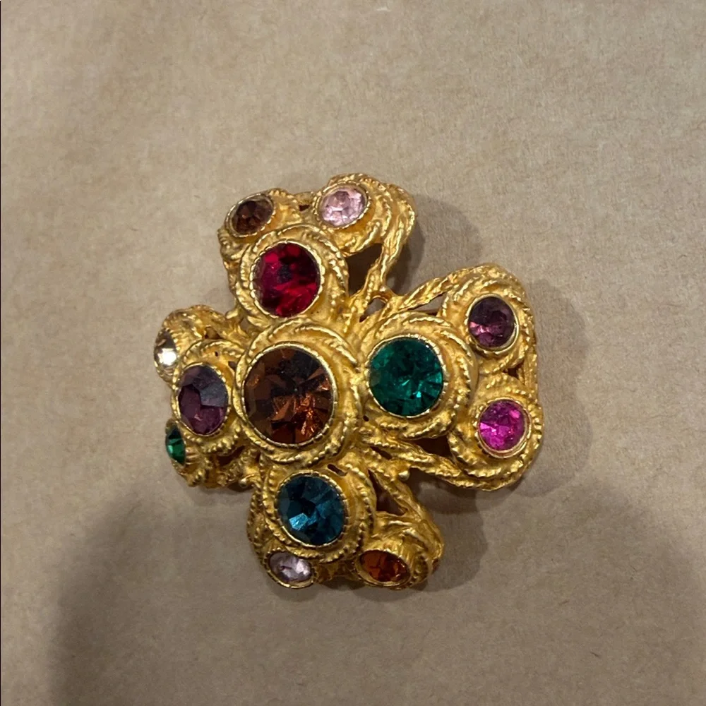 Vtg Goldtone Multicolor Gemstone Maltese Cross Brooch - Picture 4 of 10